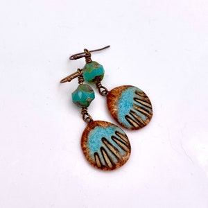 Ceramic Shell Earrings, blue brown ocean lover beach gift dangles chandelier earrings handmade Czech glass lamp work beads sea rustic boho image 4