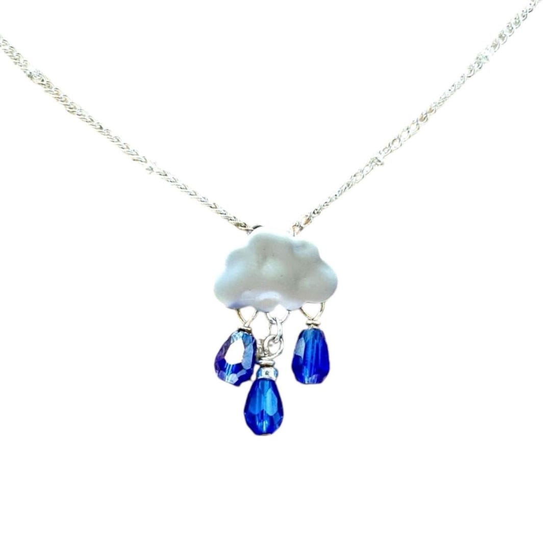 Blue Crystal Raindrops and Silver Cloud Necklace Dainty Small 19” - Etsy