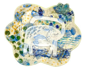 Ceramic Elephant Platter hand made serving plate stoneware hand painted folk art