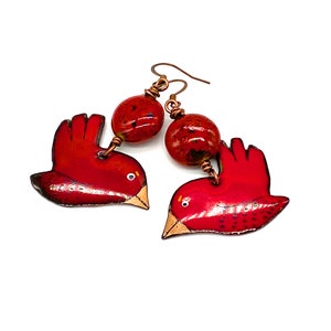 Red Bird Earrings, cardinal artisan enameled metal ceramic copper jewelry hanmade Christmas bird lover nature large earrings long image 6