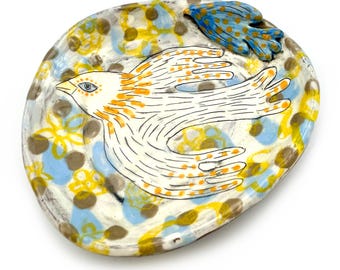 Handmade Ceramic Bird Plate: Folk Art Stoneware Serving Appetizer Dish