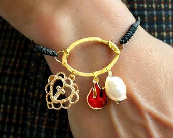 Gold Plated Cross and Heart Confirmation Bracelet, Adjustable Waxed Cord  Christian Jewelry RCIA