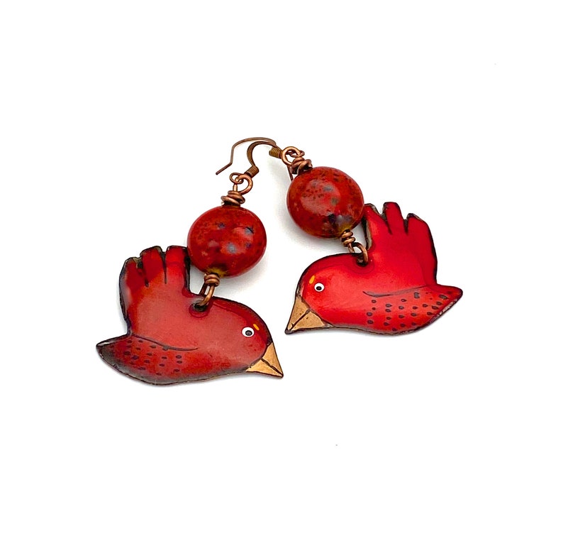 Red Bird Earrings, cardinal artisan enameled metal ceramic copper jewelry hanmade Christmas bird lover nature large earrings long image 3