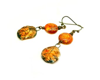 Pendientes de hoja de cerámica naranja quemado: colgantes de piedra de ágata, bronce, otoño