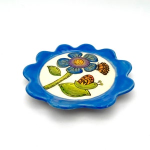 Blue Flower Plate, ceramic dish dessert tapas plate appetizer soap dish garden stoneware pottery handmade snail monarch butterfly handmade image 3
