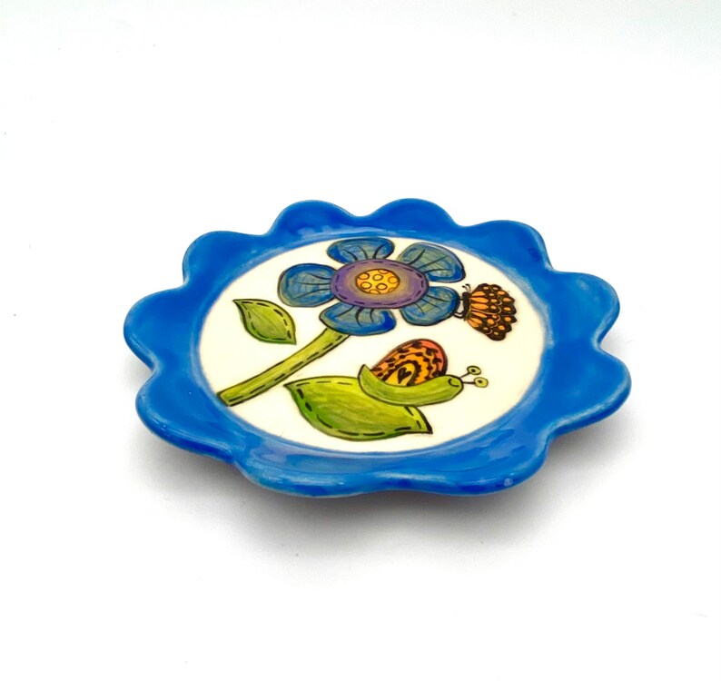 Blue Flower Plate, ceramic dish dessert tapas plate appetizer soap dish garden stoneware pottery handmade snail monarch butterfly handmade image 3