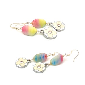 Floral Drop Earrings, vintage lucite bead dangles  colorful rainbow drop earrings simple boho hippie pastel jewelry upcycled