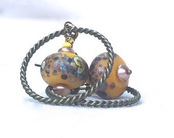 Rustic Handmade Lampwork Glass Earrings, yellow shabby chic boho style earrings gift for Mother's Day mom graduation gift bronze copper