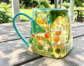 Whimsical Ceramic Insect Mug 18 oz Large Beetle Bug Handmade Stoneware Pottery