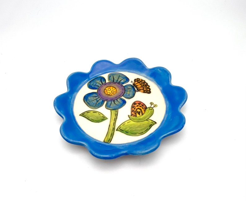 Blue Flower Plate, ceramic dish dessert tapas plate appetizer soap dish garden stoneware pottery handmade snail monarch butterfly handmade image 2