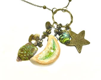 Boho Moon and Star Necklace: Handmade Ceramic Pendant, Czech Glass Owl, Bronze Satellite Chain