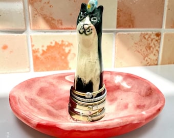 Árbol para anillos con forma de gato esmoquin, almacenamiento de joyas de cerámica, plato para anillos hecho a mano