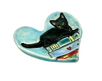 Handmade Ceramic Cat on Books Trinket Ring Dish: Reading Spoon Rest