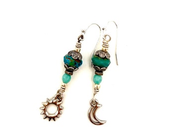 Teal Sun and Moon Earrings celestial silver and turquoise dangle drop beaded Czech crystal lightweight small light night sky jewelry astral