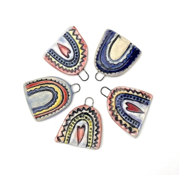 Handmade Ceramic Rainbow Pendant: Boho Necklace Charm Supply