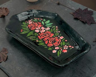 Coffin Shaped Trinket Dish with Red Roses Ceramic Goth Candy or Ring Dish Jewelry  Halloween