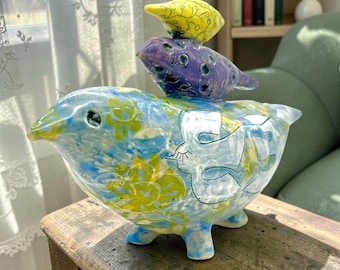 Whimsical Lidded Ceramic Bird Art Jar with Lid Jewelry Box Handmade