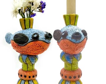 Colorful Handmade Ceramic Puffer Fish Candle Holder Bud Vase: Whimsical Coastal Decor