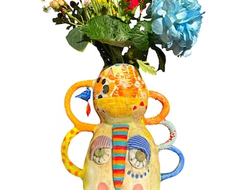 Large Whimsical Ceramic Vase with Cats Handmade Decor, Stoneware Pottery