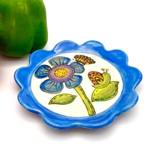 Blue Flower Plate, ceramic dish dessert tapas plate appetizer soap dish garden stoneware pottery handmade snail monarch butterfly handmade image 6