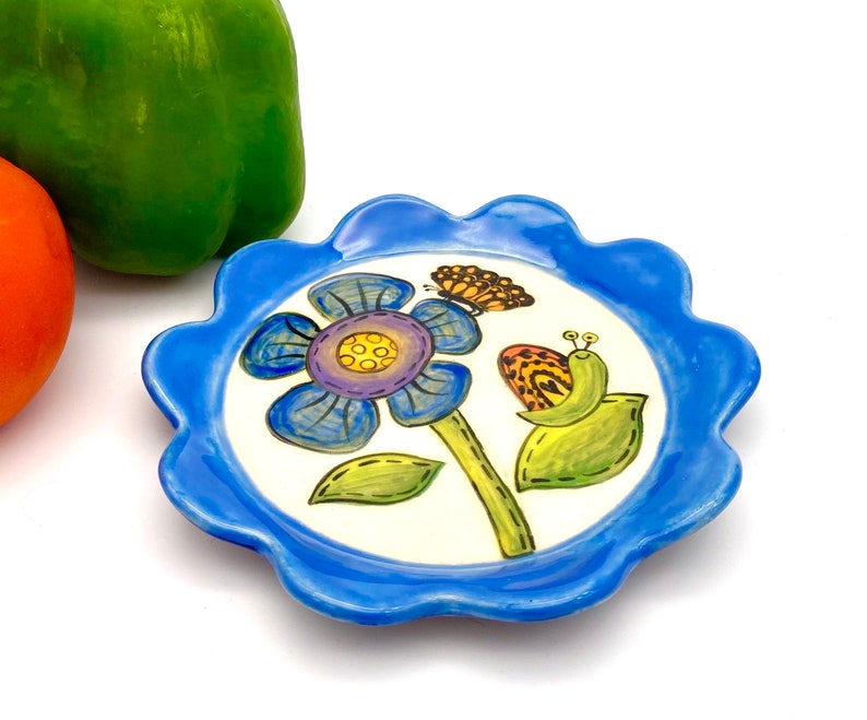 Blue Flower Plate, ceramic dish dessert tapas plate appetizer soap dish garden stoneware pottery handmade snail monarch butterfly handmade image 6