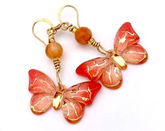 Butterfly Earrings, coral pink dangles dangle earrings drop gold long handmade acrylic spring easter summer monarch