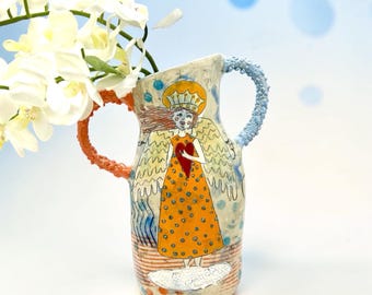 Colorful Angel Vase Handmade Ceramic Whimsical Stoneware Pottery