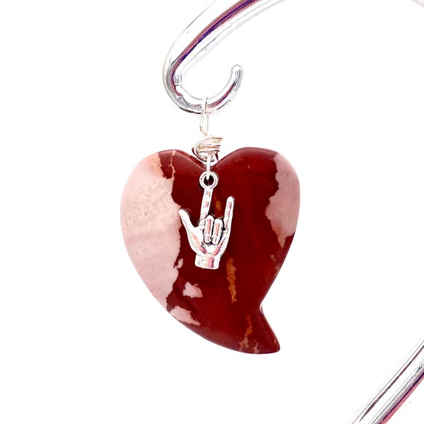 ASL I Love You Necklace, red jasper heart jewelry carved stone American Sign Language lava stone essential oil leather chord metal