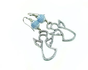 Periwinkle Blue Angel Earrings: Artisan Boho Jewelry, Silver Metal, Agate Stone