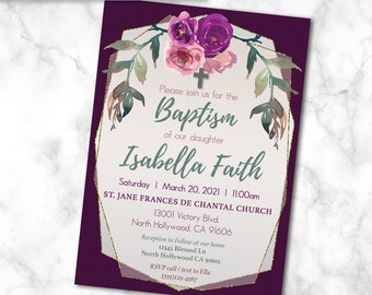 Baptism Invitations, Christening Invitations, Purple Flowers, Pink Flowers, Religious, Gold Invitations, Floral, Geometric