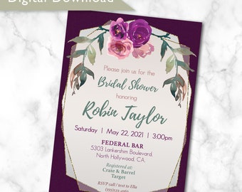 Bridal Shower Invitations, Save the Date, Bridal Shower, Wedding Invitation, Purple Floral, Pink Floral, Gold, Geometric
