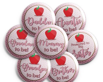 Baby Shower Pins, Apple, Mommy To Be, Daddy To Be, Grandma To Be, Grandpa To Be, Auntie To Be, Uncle To Be
