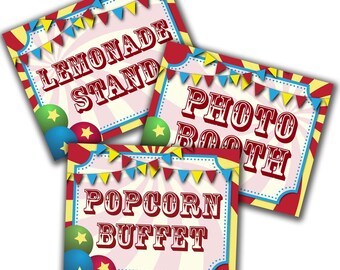 Party Signs, Customized, Circus Signs, Carnival Party, Photo Booth, Lemonade Stand, Popcorn Buffet
