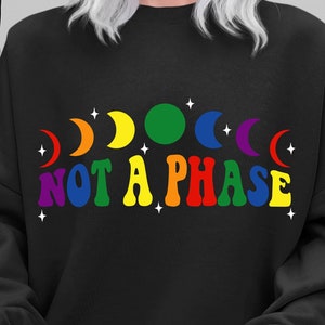 May include: Black sweatshirt with a rainbow moon design and the text "Not a Phase" in rainbow colors.