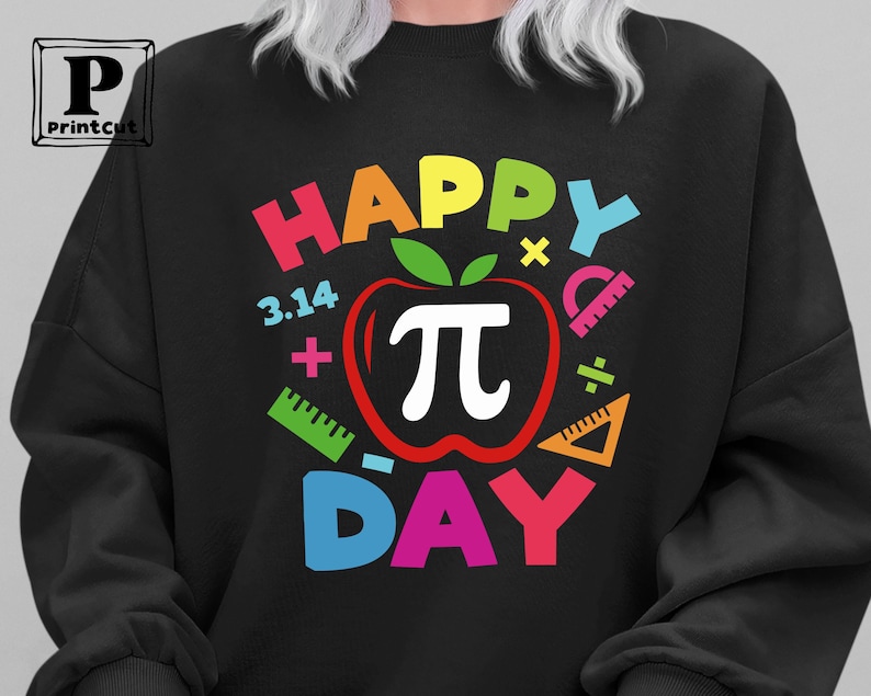May include: Black sweatshirt with a colorful graphic that says "Happy Pi Day" with a red apple with a white pi symbol inside. The graphic also includes colorful math symbols like plus signs, a ruler, and the number 3.14.