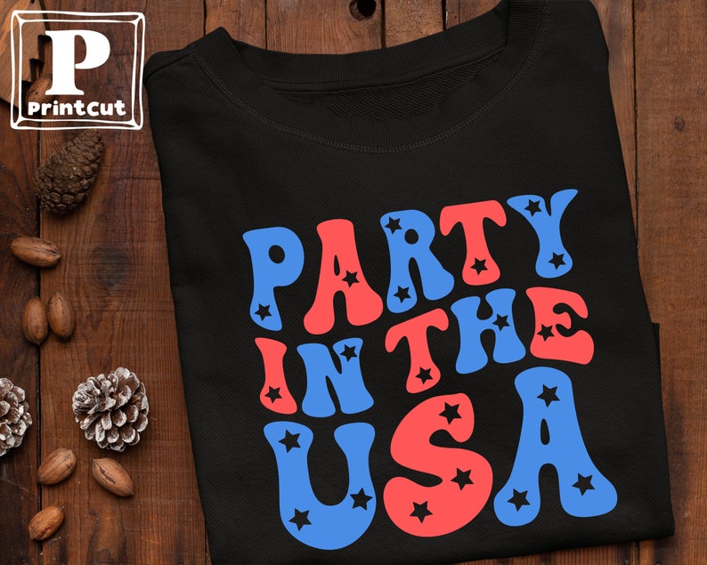 May include: Black t-shirt with the text "Party in the USA" in red, white, and blue retro-style lettering with stars.