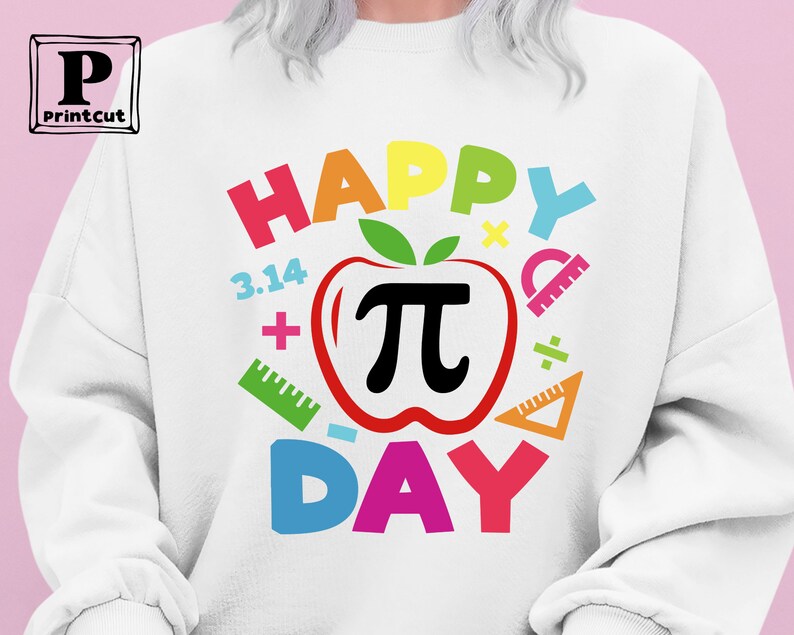 May include: White sweatshirt with a colorful graphic design that says "Happy Pi Day". The graphic includes a red apple with a black pi symbol, colorful numbers, plus signs, and protractors.