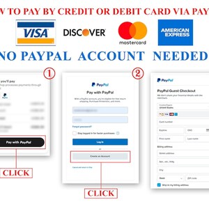 May include: A visual guide on how to pay by credit or debit card via PayPal. The image shows three steps: 1. How you'll pay, 2. Pay with PayPal, 3. PayPal Guest Checkout. The image also shows logos for Visa, Discover, Mastercard, and American Express.