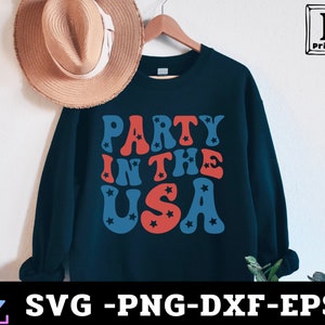 May include: A dark blue sweatshirt with the text "Party in the USA" in red and blue letters with white stars. The letters are in a retro font.
