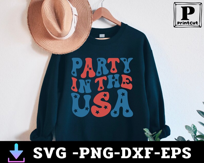 May include: A dark blue sweatshirt with the text "Party in the USA" in red and blue letters with white stars. The letters are in a retro font.