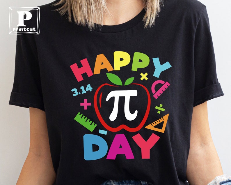 May include: Black t-shirt with a colorful graphic that says "Happy Pi Day" with a red apple with a white pi symbol inside. The graphic also includes colorful math symbols like plus signs, minus signs, and a protractor.