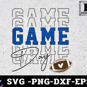 May include: A blue and white graphic design with the text "GAME DAY" and a brown football with a white heart. The text "GAME" is in bold blue letters.