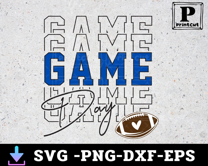 May include: A blue and white graphic design with the text "GAME DAY" and a brown football with a white heart. The text "GAME" is in bold blue letters.