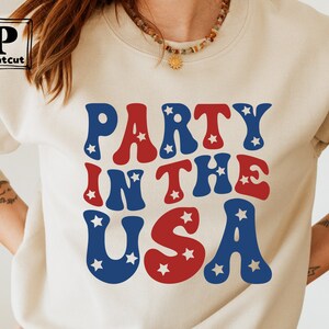 May include: A cream-colored sweatshirt with the text "Party in the USA" in red, white, and blue letters with stars.