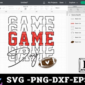 May include: A black and white graphic design with the text "GAME DAY" in a stylized font. The word "GAME" is repeated multiple times in a stacked design with the word "GAME" in red. A brown football with a white heart is included in the design.