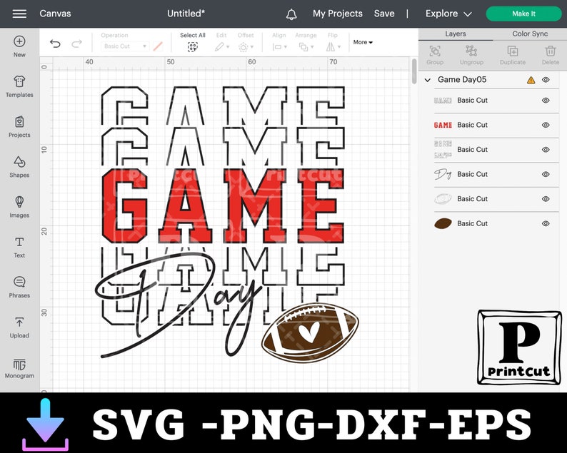 May include: A black and white graphic design with the text "GAME DAY" in a stylized font. The word "GAME" is repeated multiple times in a stacked design with the word "GAME" in red. A brown football with a white heart is included in the design.