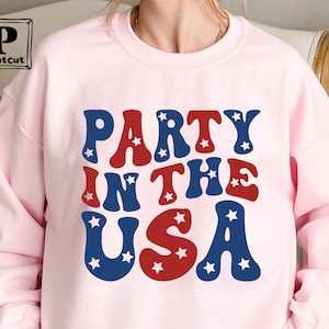 May include: Pink sweatshirt with the text "Party in the USA" in red, white, and blue with stars.