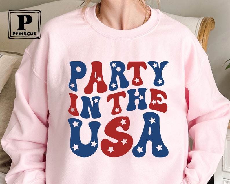 May include: Pink sweatshirt with the text "Party in the USA" in red, white, and blue with stars.