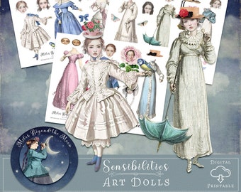 Sensibilities: whimsical vintage art dolls - 3 collage sheets digital and printable – png and pdf – junk journals/digital art