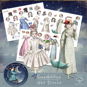 Sensibilities: whimsical vintage art dolls - 3 collage sheets digital and printable – png and pdf – junk journals/digital art